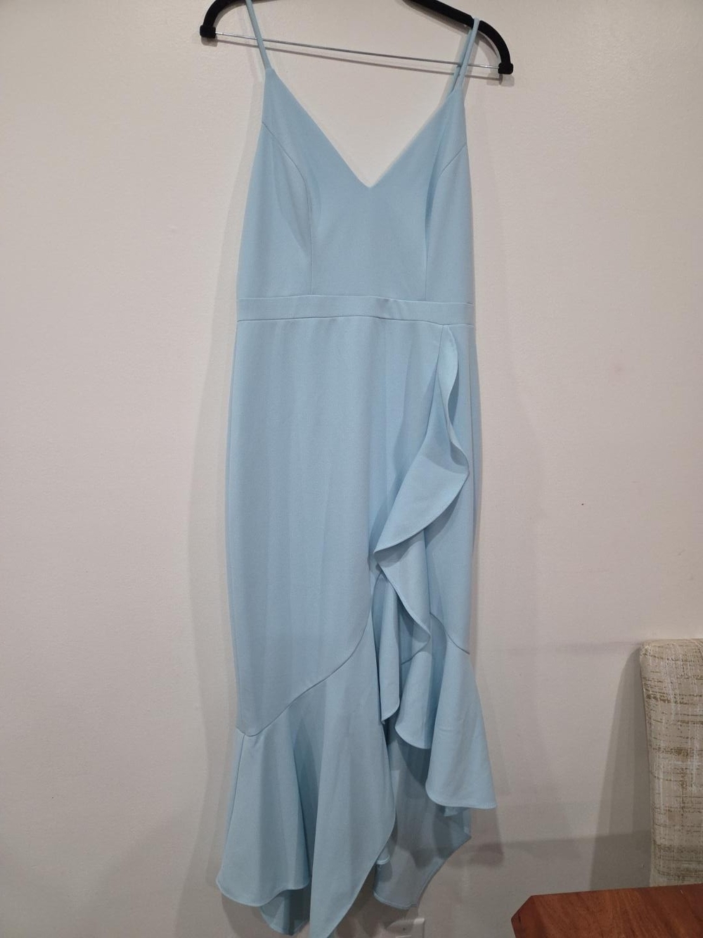 Xscape $335 Light Blue High-Low Ruffle V-Neck Dress - Picture 2 of 4